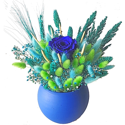 Solmayan Mavi Gül ve Renkli Kuru Çiçekler