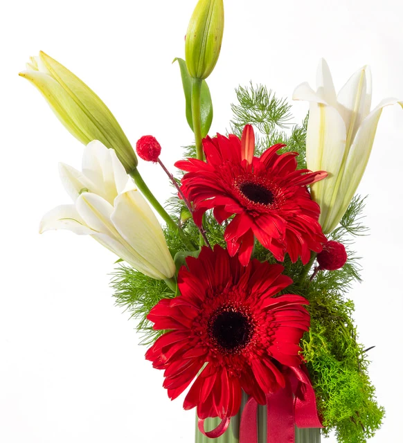 Yeşil Vazoda Beyaz Lilyum ve Kırmızı Gerbera