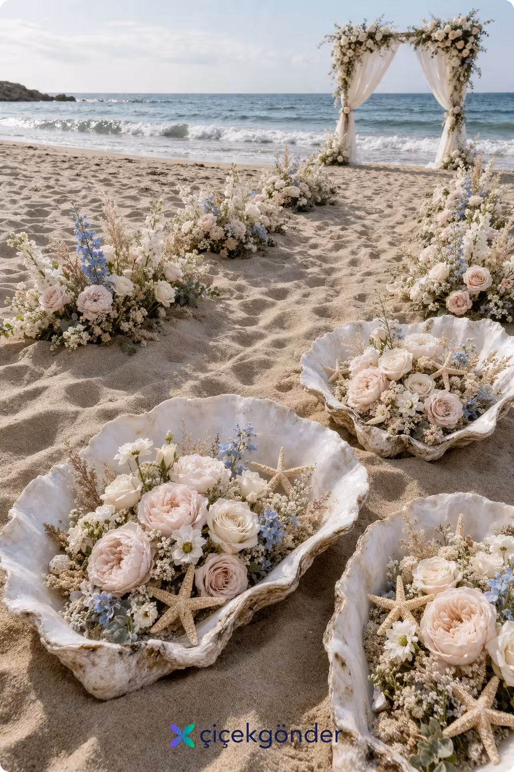 Dev İstiridye Kabuğunda Kumsal Düğünü Çiçek Süslemesi