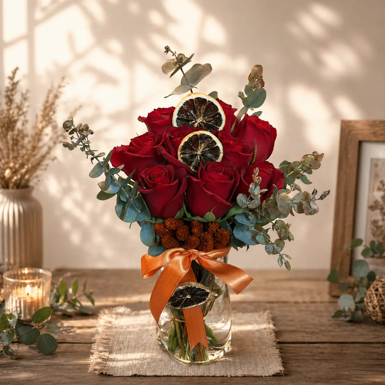 Ruby Citrus 9 Kırmızı Gül Vazoda