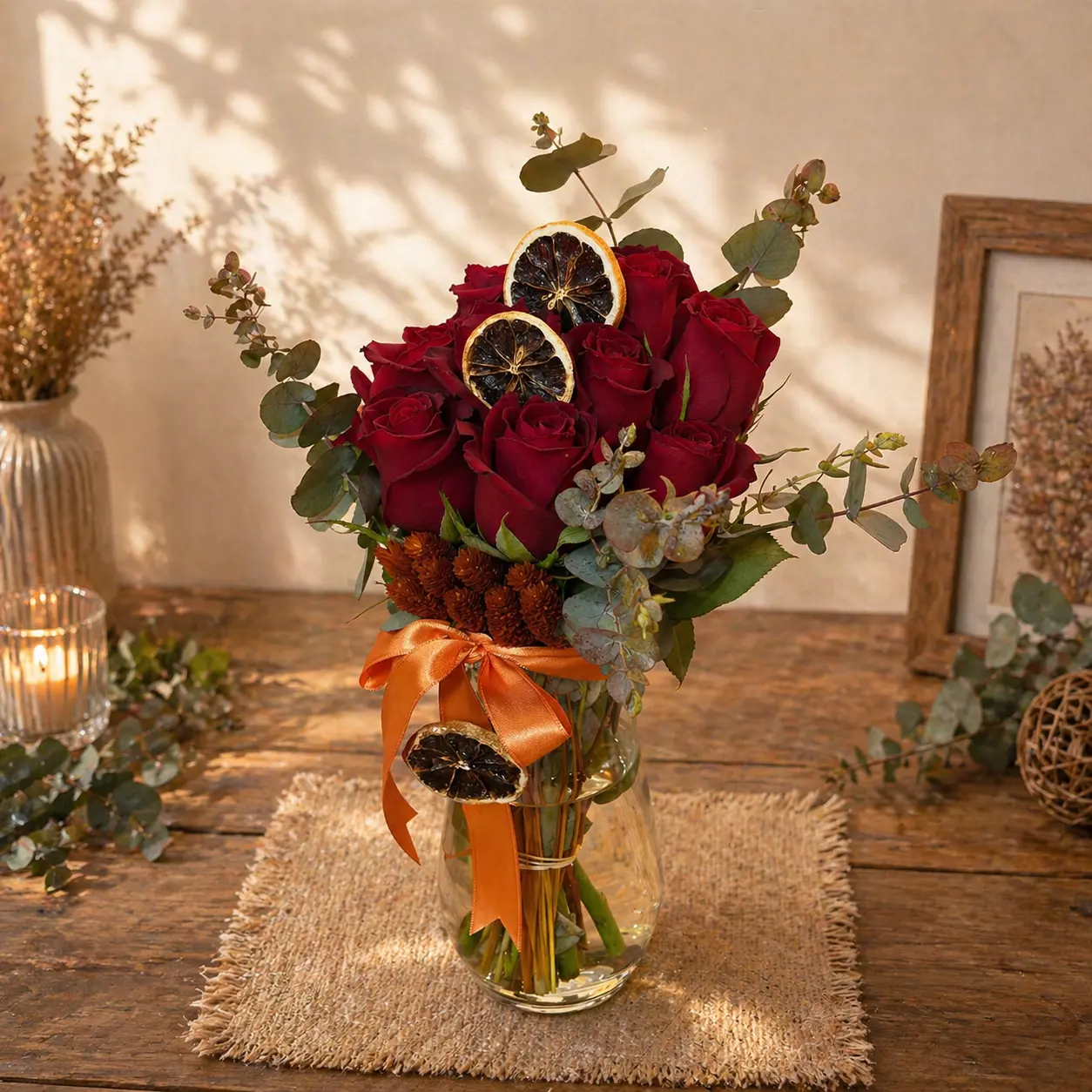 Ruby Citrus 9 Kırmızı Gül Vazoda