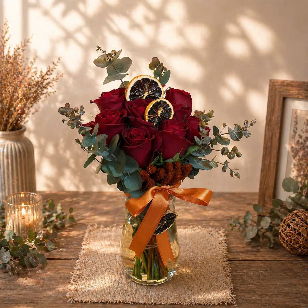 Ruby Citrus 9 Kırmızı Gül Vazoda