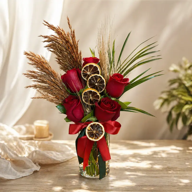 Şık Cam Vazoda 5 Kırmızı Gül Aranjmanı