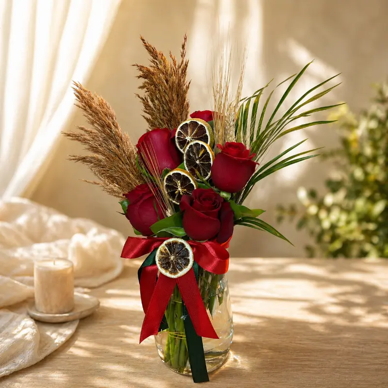 Şık Cam Vazoda 5 Kırmızı Gül Aranjmanı