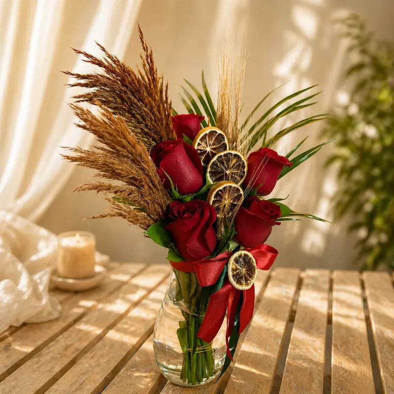 Şık Cam Vazoda 5 Kırmızı Gül Aranjmanı