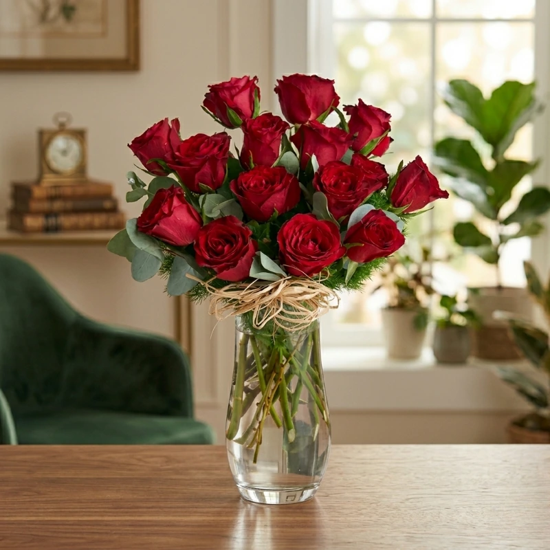Cam Vazoda 15 Kırmızı Gül