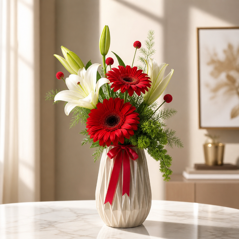 Beyaz Lilyum ve Kırmızı Gerbera Aranjmanı